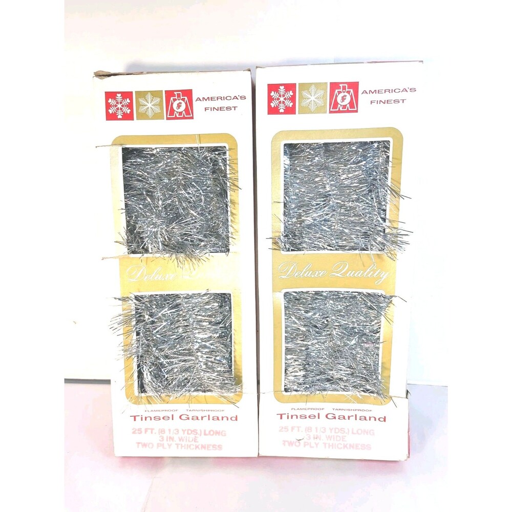 2 NOS Vtg Marathon Frank Company Christmas Tree Tinsel Garland Deluxe Silver 3"
